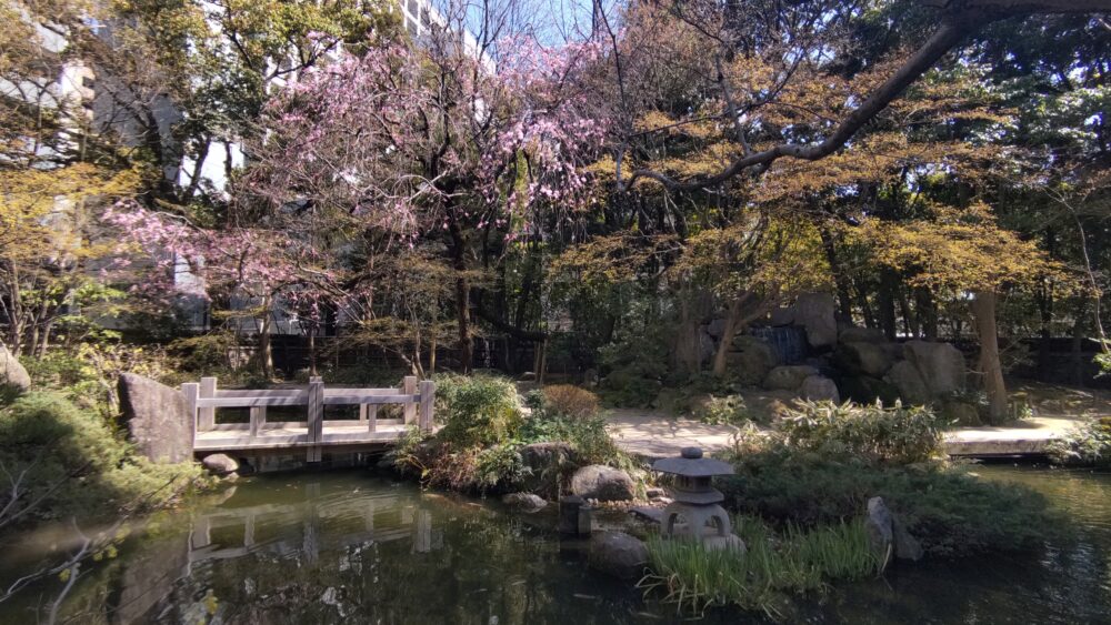 Rakusuien Pond garden with cherry blossom and stone ornaments