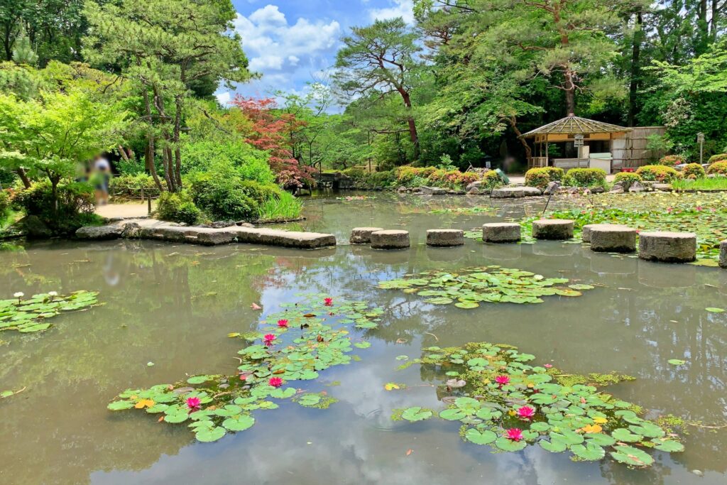 Naka Shin-en(Middle Garden) with water lilies in Heian Jingu Shrine